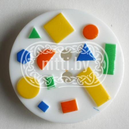 Пуговица пластиковая белого цвета с декором из разноцветных фигур с двумя отверстиями Dill 15 мм 