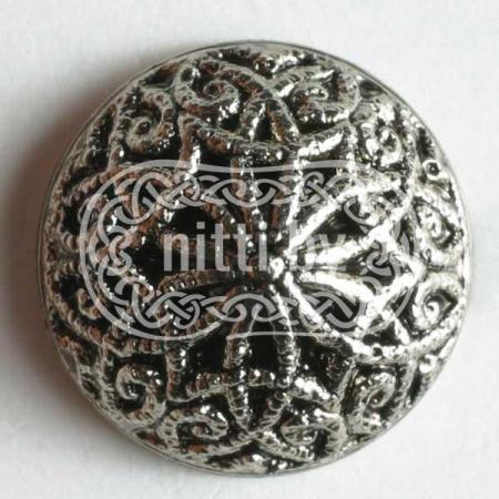 Пуговица пластиковая выпуклая с узором цвета античное серебро на ножке Dill 14 мм