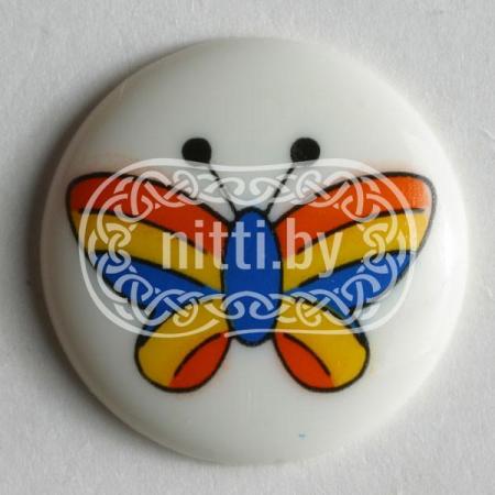 Пуговица пластиковая белого цвета с рисунком Бабочка на ножке Dill 15 мм 