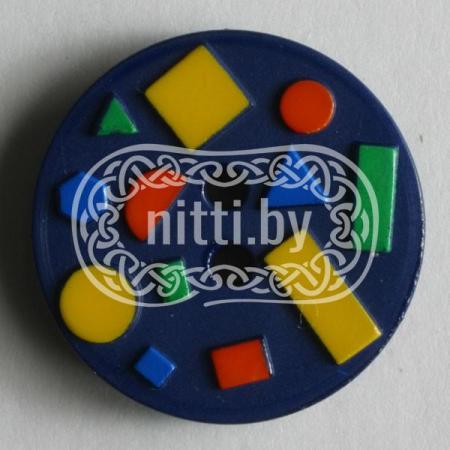 Пуговица пластиковая синего цвета с декором из разноцветных фигур с двумя отверстиями Dill 15 мм