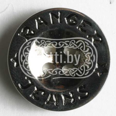 Пуговица пластиковая с надписями цвета античное серебро с четырьмя отверстиями Dill 15 мм